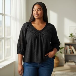 TORRID 00 0X XL Black Poplin Blouse Lace & Dot Detail R $59